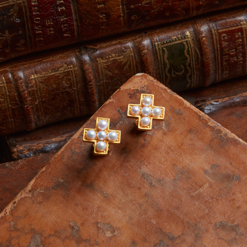 Rosary Pearl Cross Stud Earrings