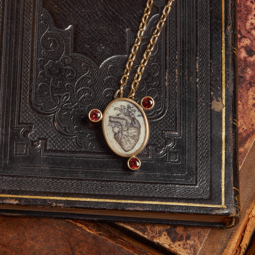Heart Scrimshaw on Human Skull Bone Pendant in Solid 14kt Gold
