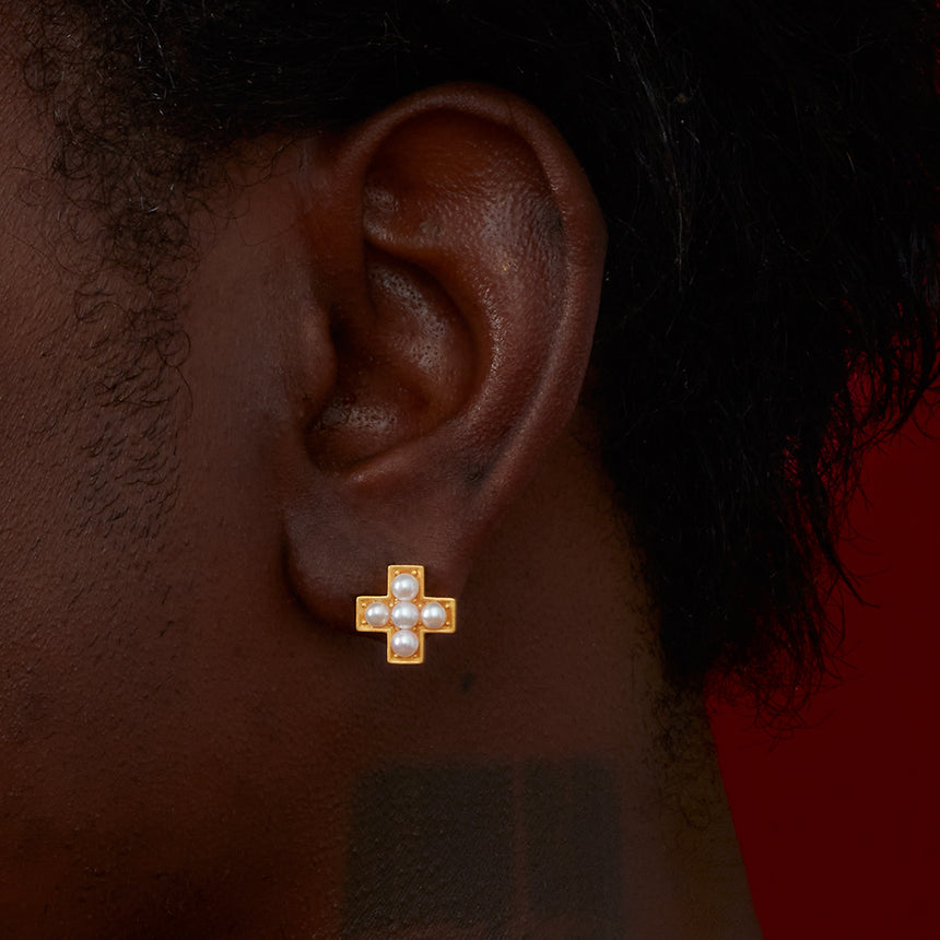 Rosary Pearl Cross Stud Earrings