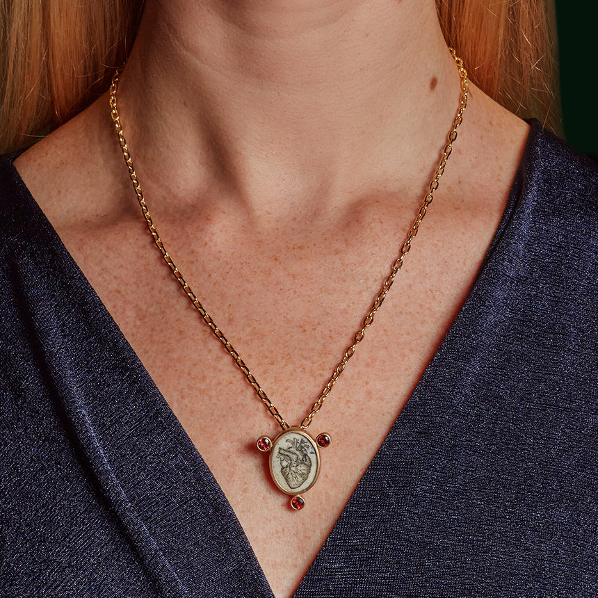 Heart Scrimshaw on Human Skull Bone Pendant in Solid 14kt Gold