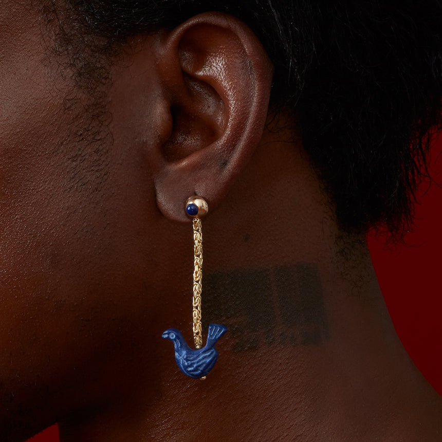 8th Century Persian Lapis Dove Drop Earring in Solid 14kt Gold