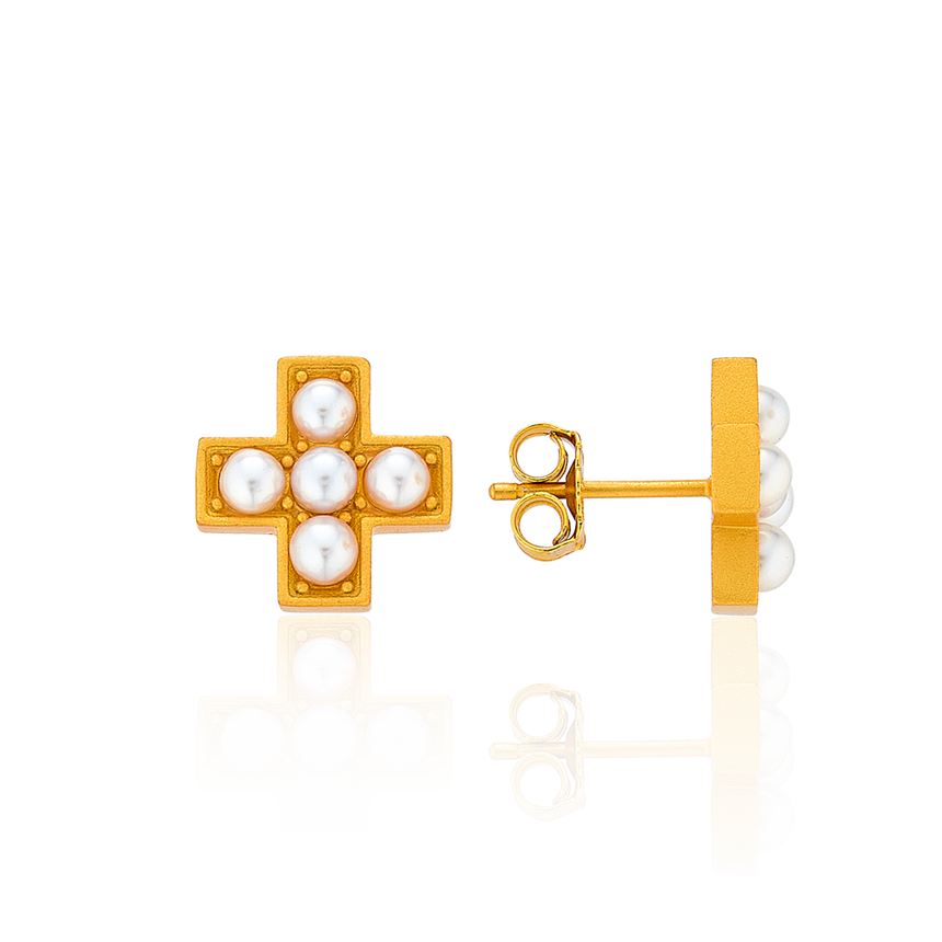 Rosary Pearl Cross Stud Earrings