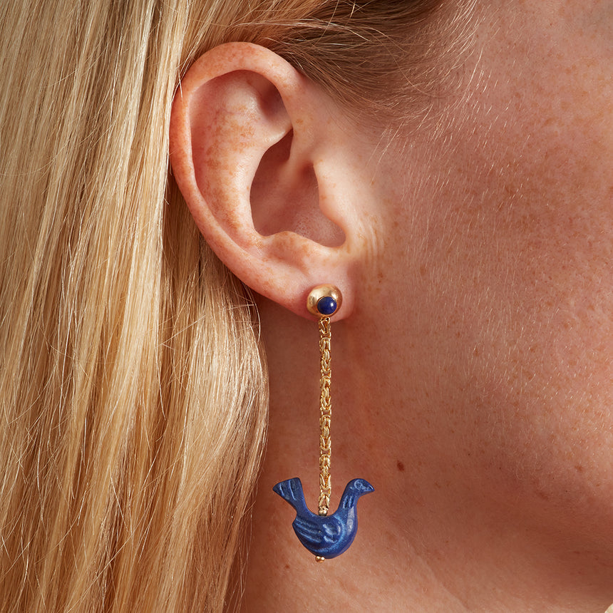 8th Century Persian Lapis Dove Drop Earring in Solid 14kt Gold