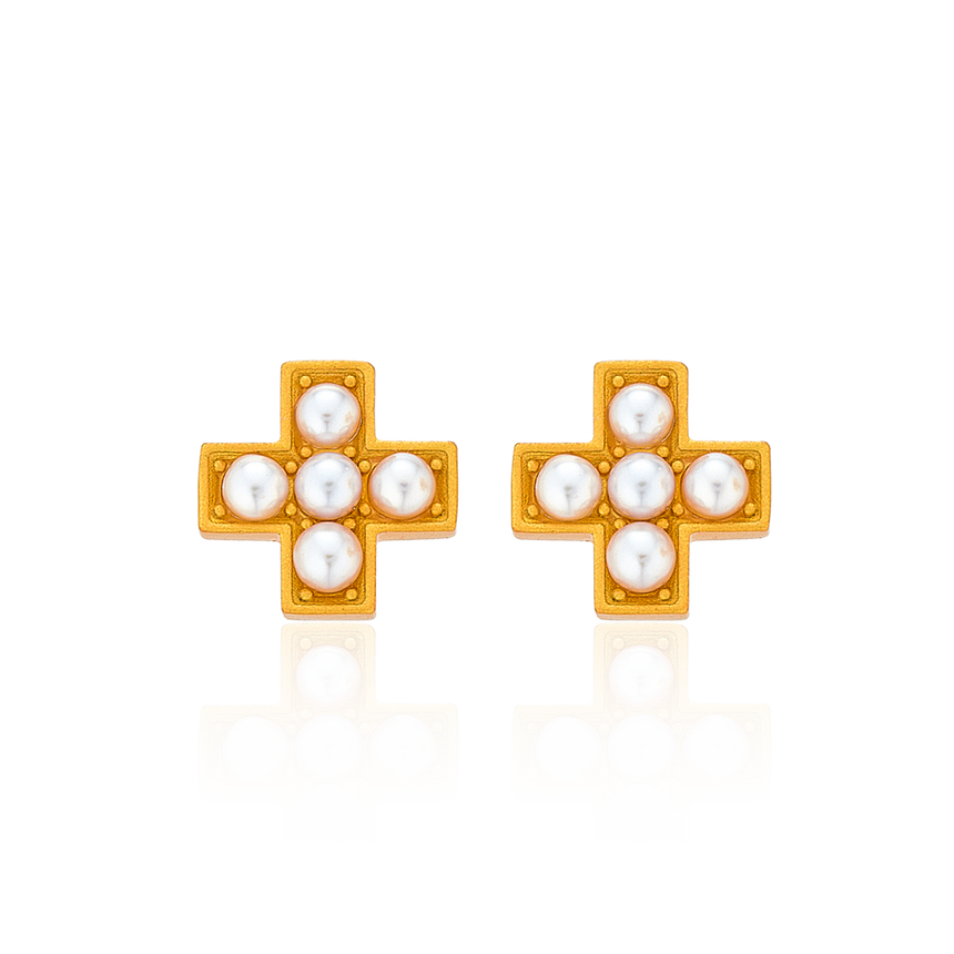 Rosary Pearl Cross Stud Earrings